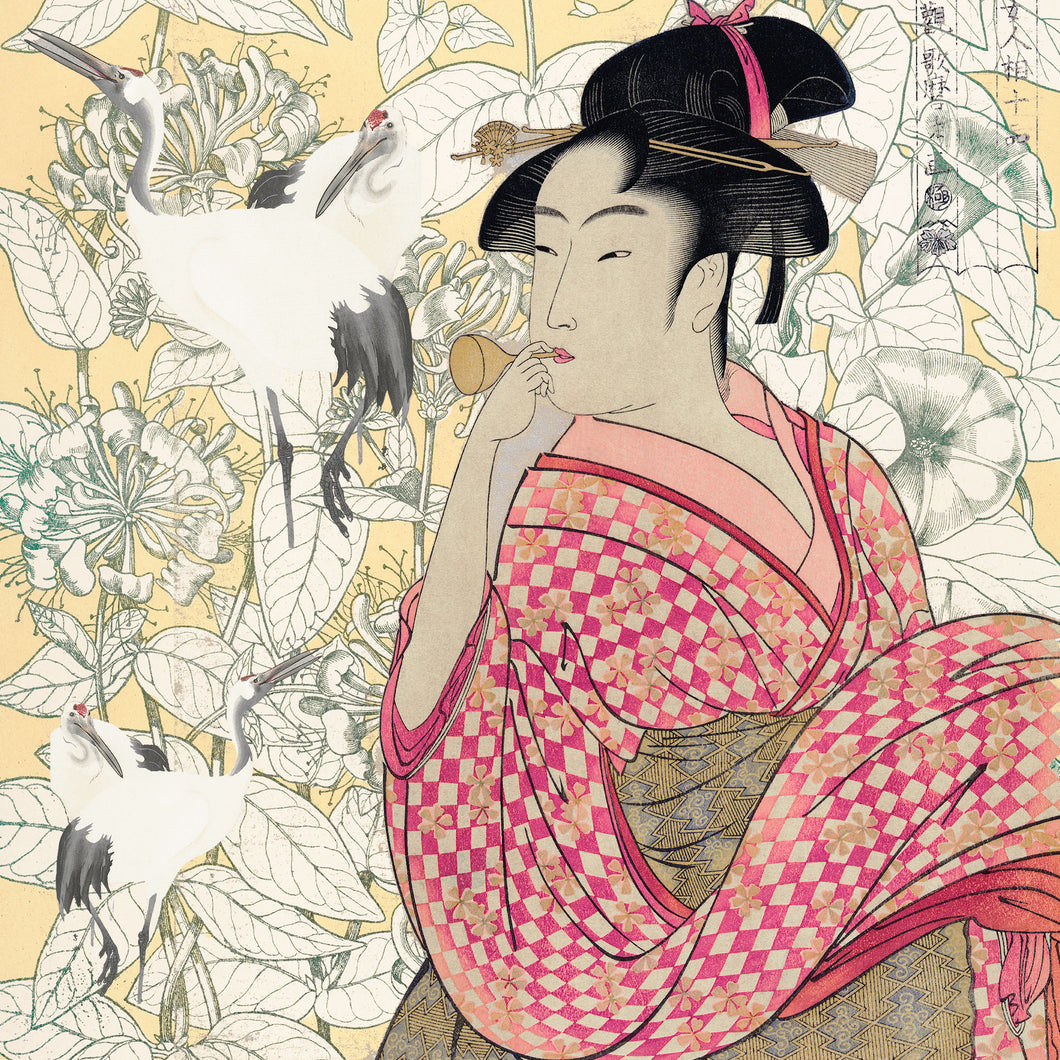 Japanese lady with white birds - Chloe Rox Design - Digital print - UK Art