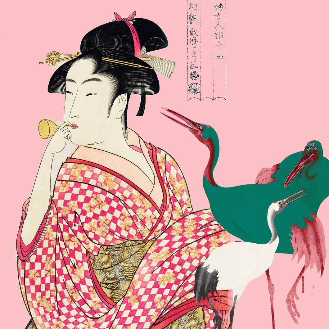Japanese lady pink background - Chloe Rox Design - Digital print - UK Art